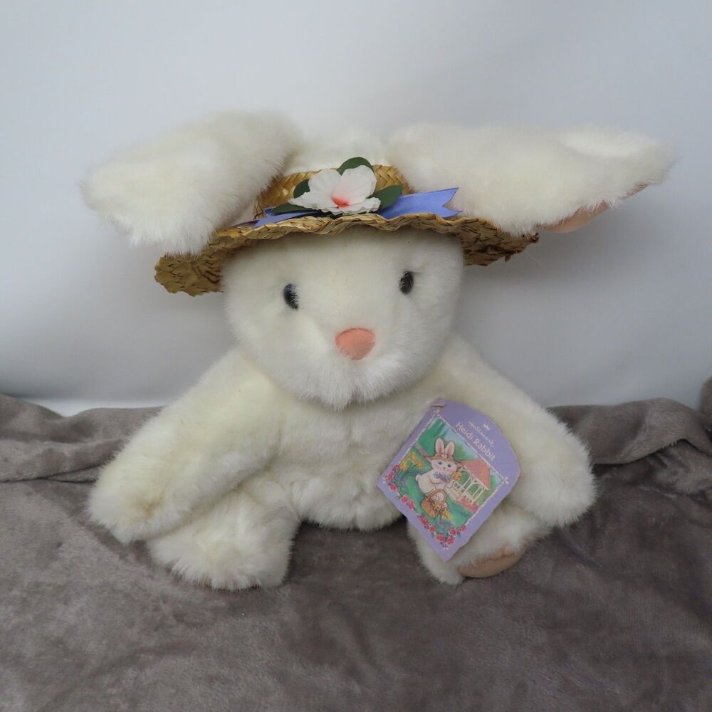 Vintage Hallmark Easter Heidi Rabbit White Plush Bunny Toy With Flower Straw Hat